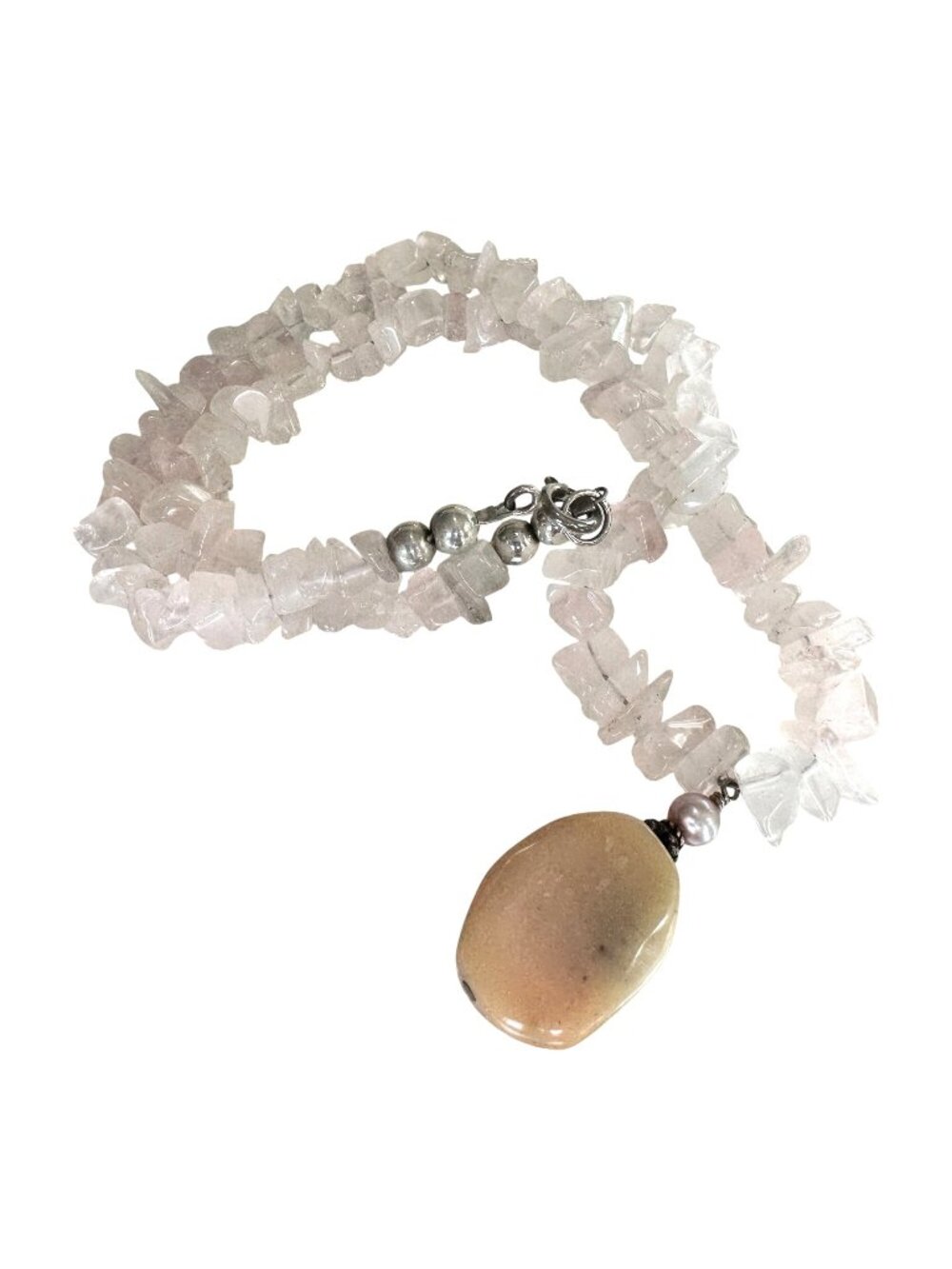 Rose Quartz Chip Beaded Necklace With Sterling Silver & Stone Pendant 15.5 Inche
